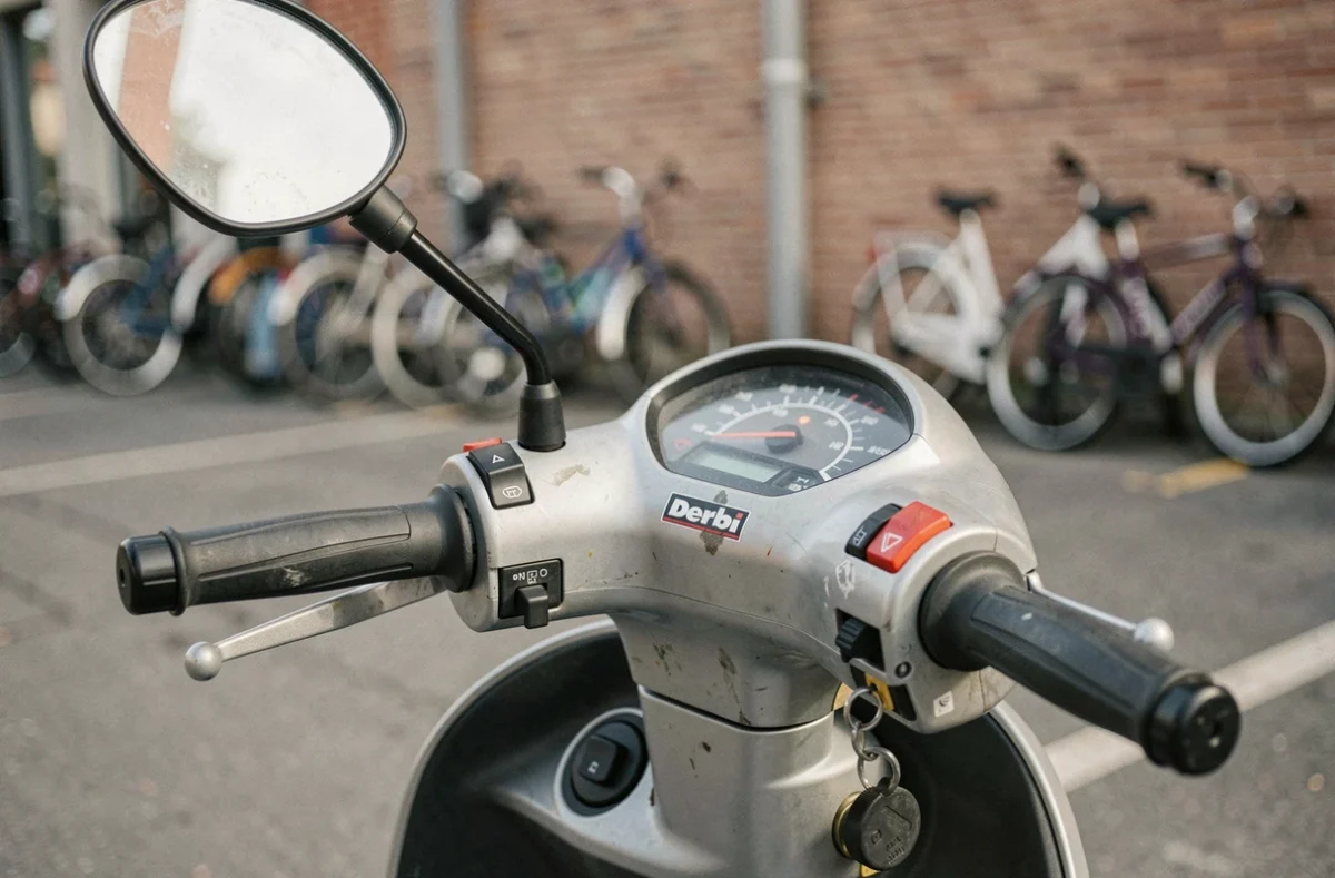 Détail des commandes et du tableau de bord d'un scooter Derbi 50cc, symbole des critères techniques influençant le prix de l'assurance deux-roues
