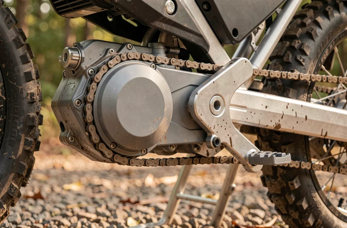 Détail du moteur électrique et du châssis d'une moto trail électrique sur sentier forestier