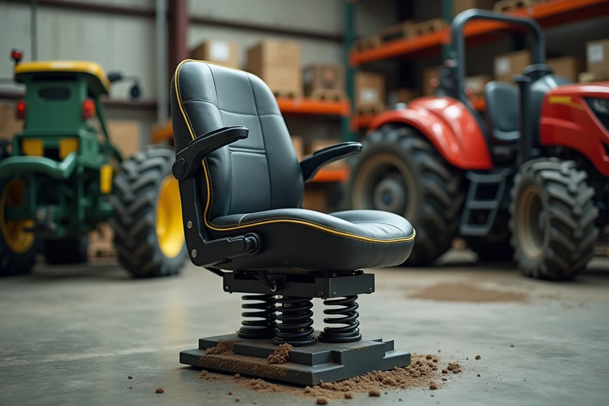 Gros plan sur un siège de tracteur professionnel avec système de suspension à ressorts et réglages ergonomiques en atelier agricole