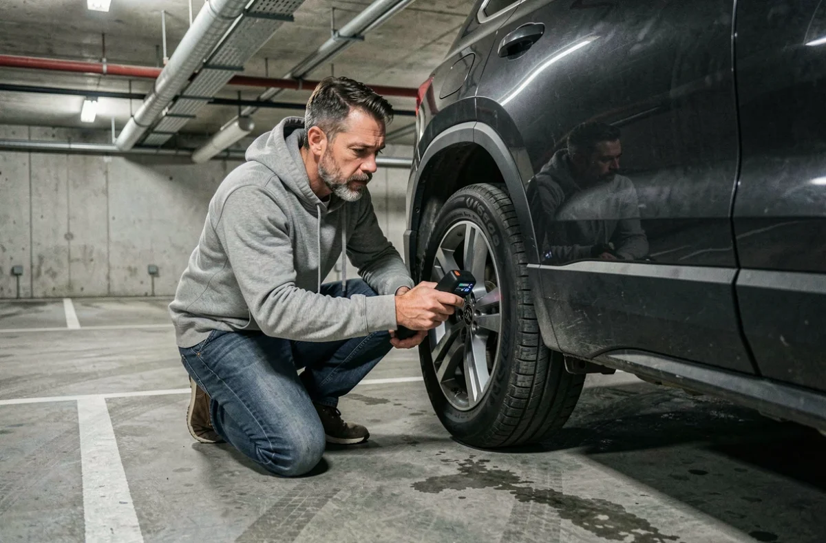 Homme utilisant un détecteur de signal RF pour rechercher un traceur GPS caché sous un SUV dans un parking souterrain