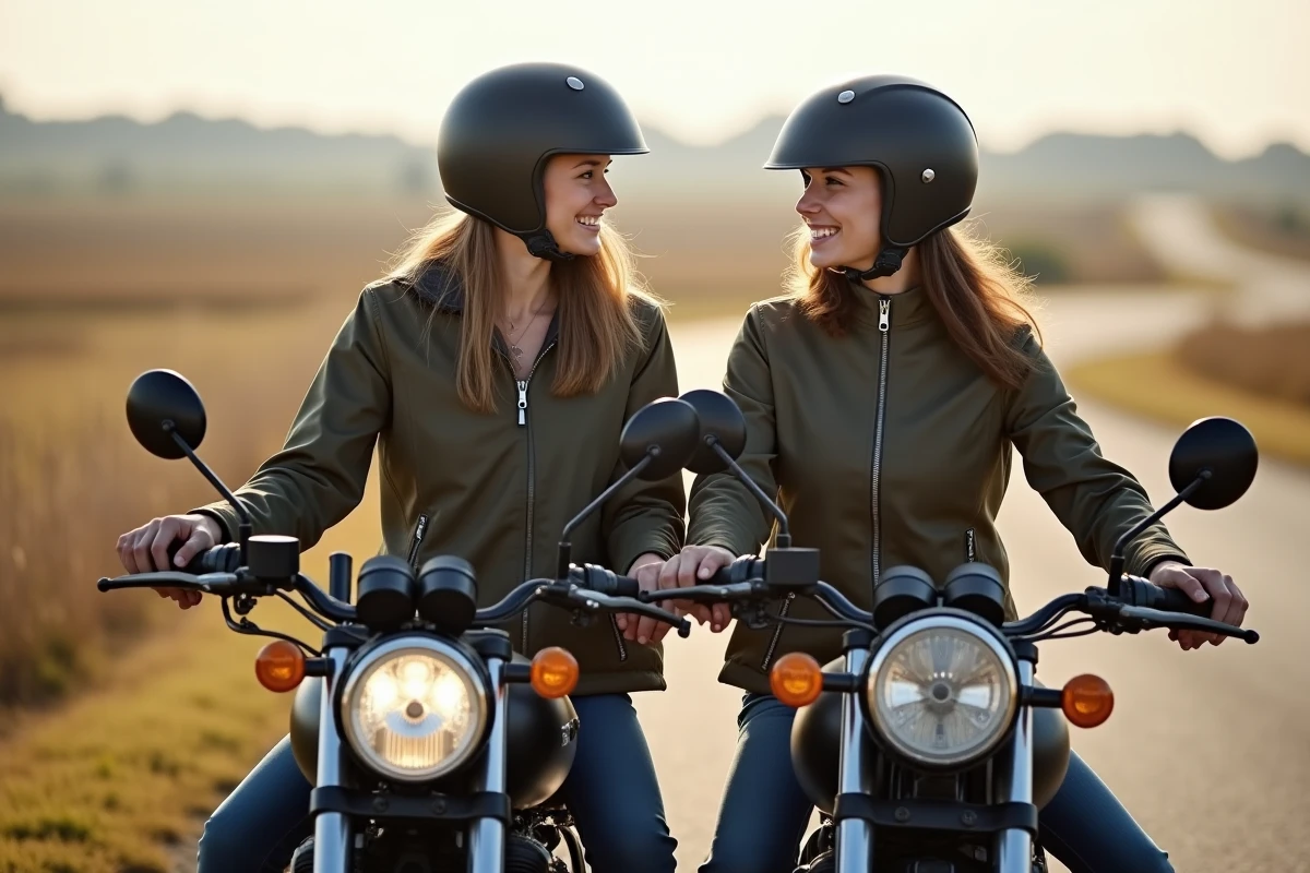 Deux femmes discutant à côté de leurs motos en campagne