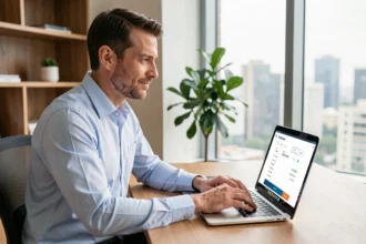 Homme obtenant un devis assurance auto en ligne depuis son bureau à domicile