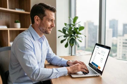 Homme obtenant un devis assurance auto en ligne depuis son bureau à domicile
