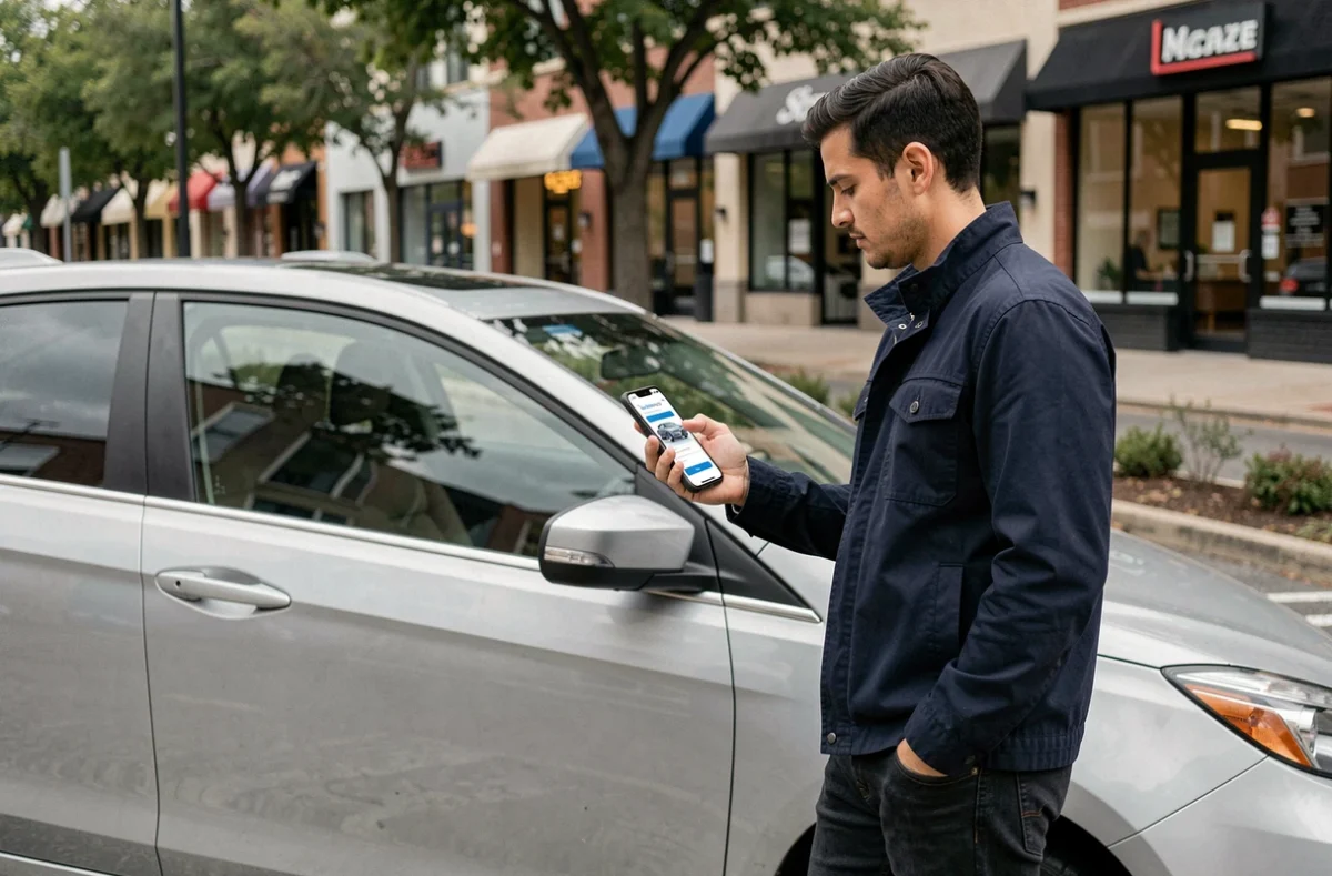 Homme vérifiant son devis assurance auto sur smartphone devant sa voiture en ville