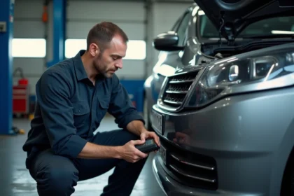 Technicien automobile branchant un scanner OBD2 sur une Peugeot pour diagnostiquer le code erreur P1445