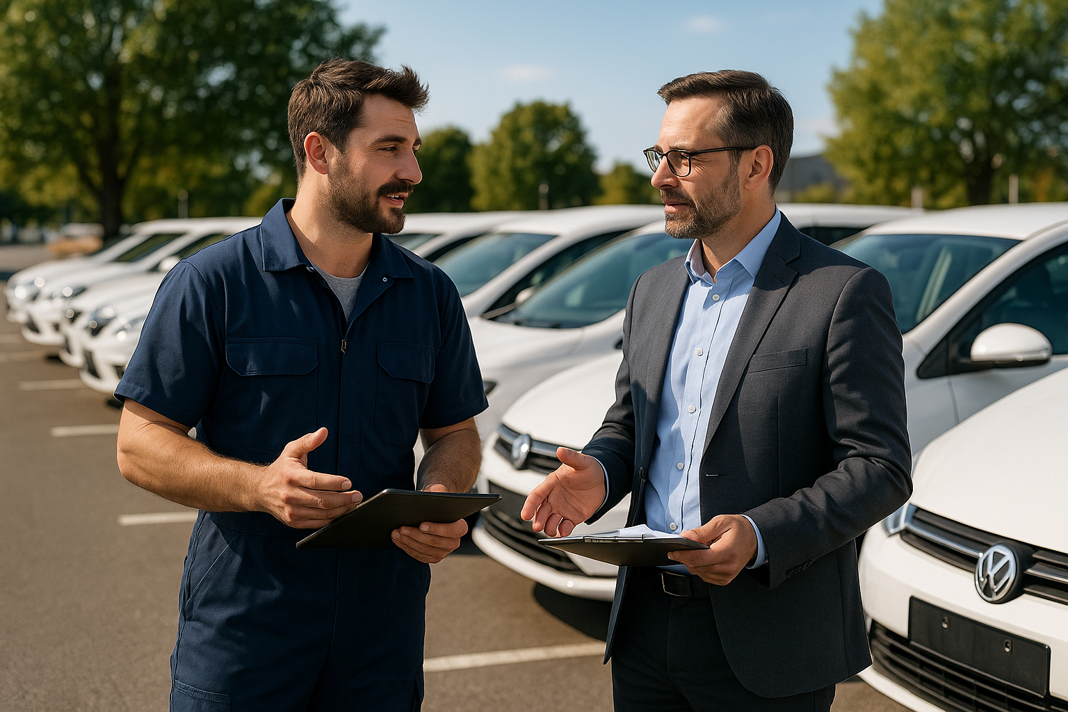 Mecanicien et gestionnaire discutant devant voitures en parking
