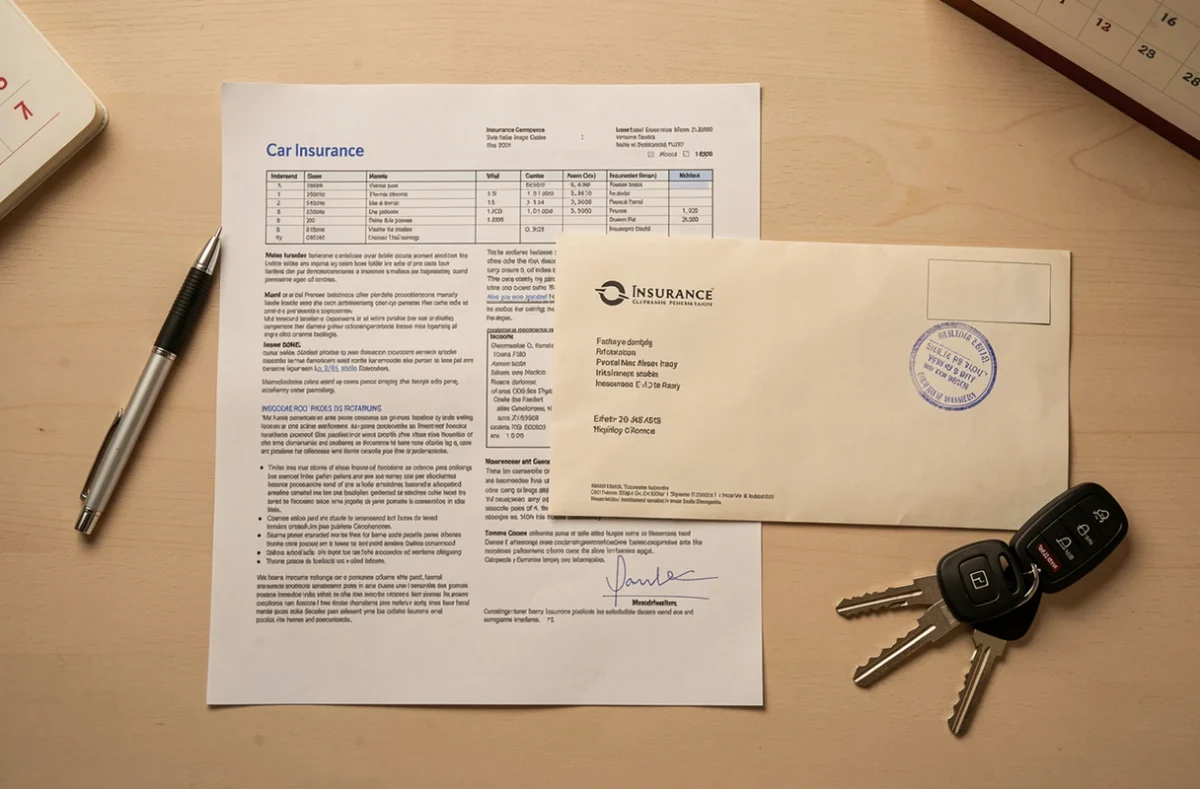 Vue en plongée des documents administratifs pour résilier une assurance auto après vente du véhicule