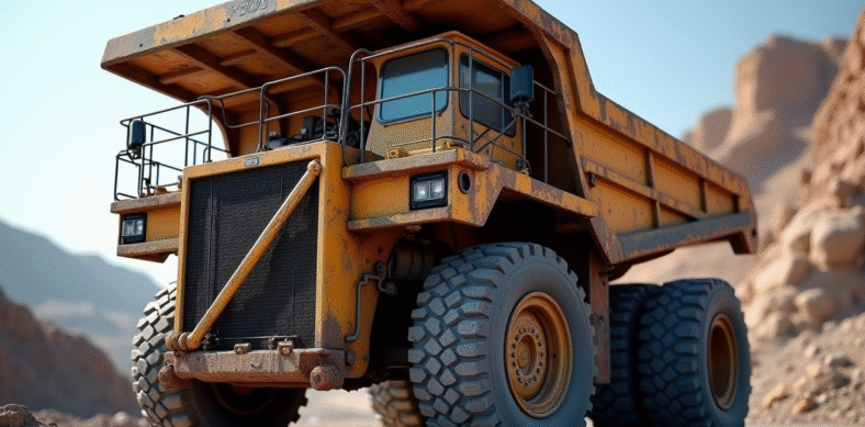 Camion de carrière usé avec pneus robustes en gros plan
