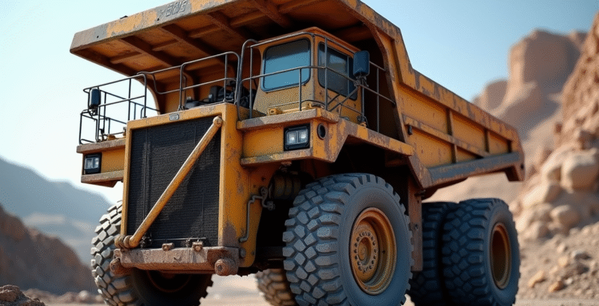 Camion de carrière usé avec pneus robustes en gros plan