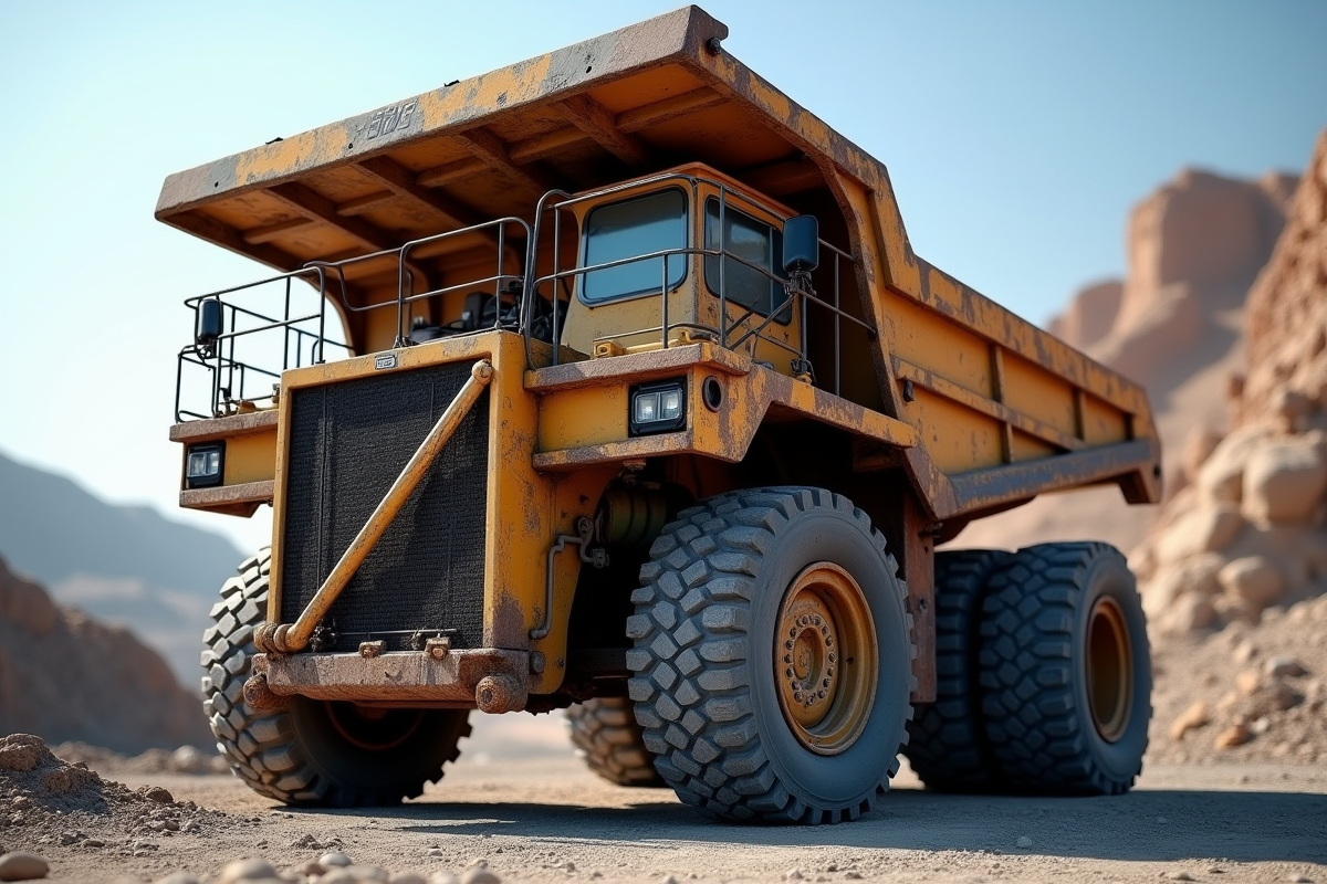 Camion de carrière usé avec pneus robustes en gros plan