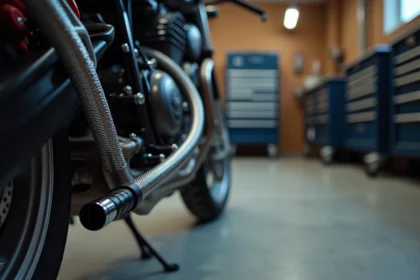 Durite aviation tressée inox montée sur étrier de frein radial d'une moto sportive en atelier
