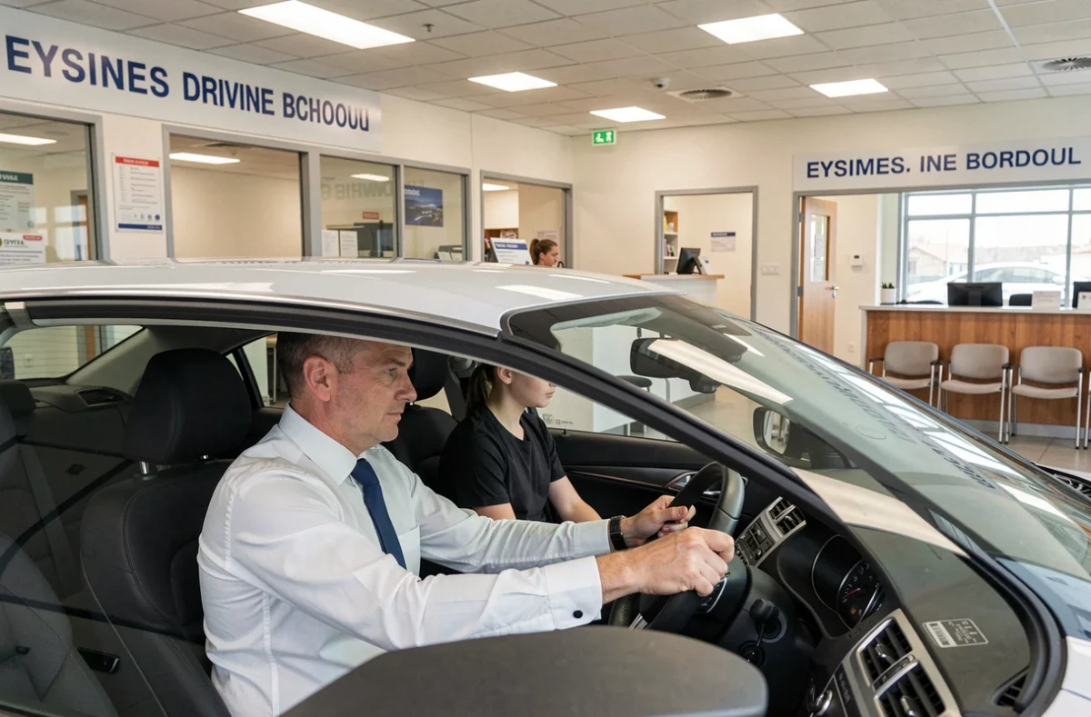Formateur en auto-école ECF CESR 33 à Eysines avec un élève dans un véhicule double commande à l'intérieur d'une agence moderne