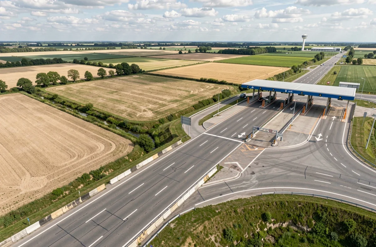 Vue aérienne d'un échangeur routier montrant la séparation entre une autoroute à péage et une route nationale gratuite en France