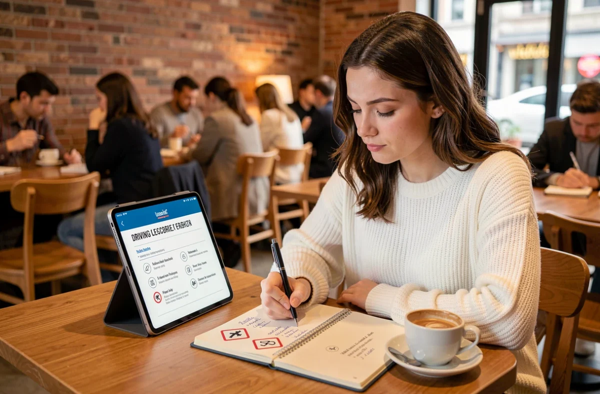 Jeune femme s'entraînant aux questions du code de la route 2026 sur tablette dans un café