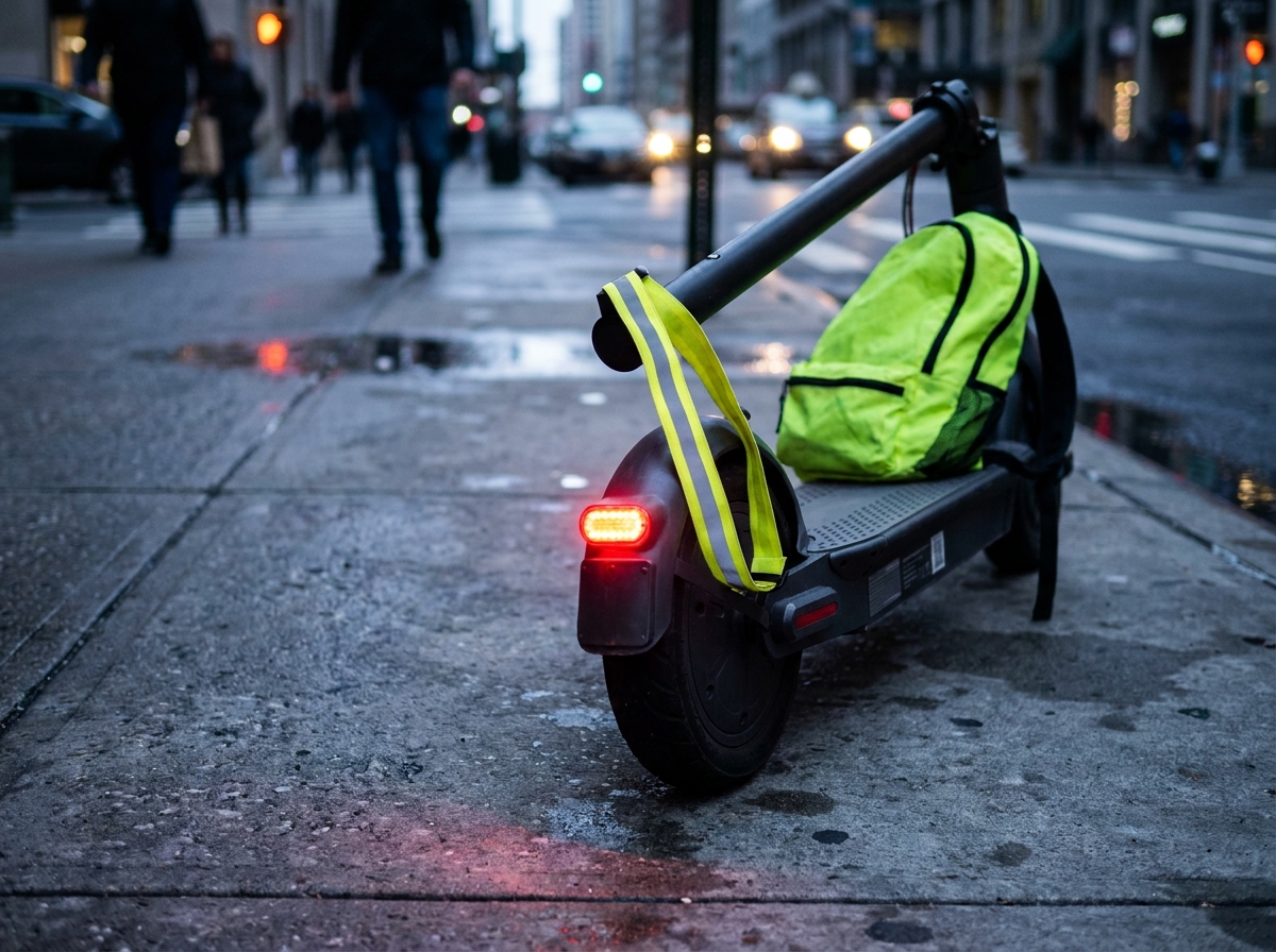 Gros plan sur les équipements de visibilité nocturne d'une trottinette électrique, feu rouge LED et bandes réfléchissantes