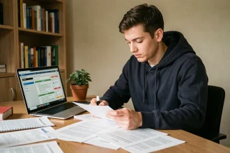 Jeune homme étudiant les questions du permis de conduire 2026 sur des fiches PDF imprimées à son bureau