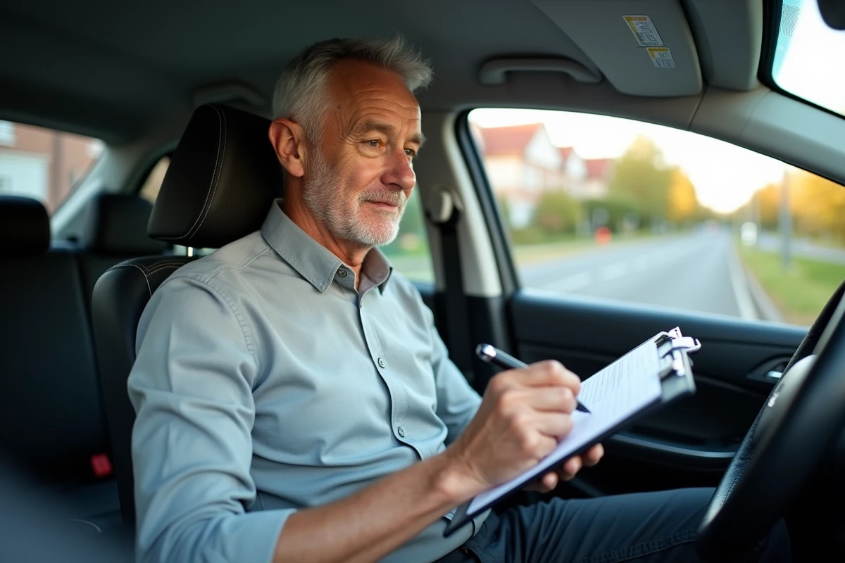 Examinateur du permis de conduire prenant des notes sur une grille d'évaluation en voiture