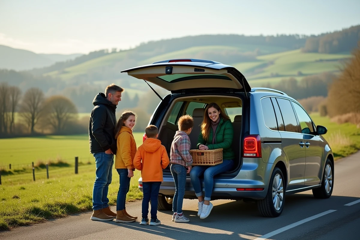 Famille souriante près d'une voiture en nature pour un pique-nique
