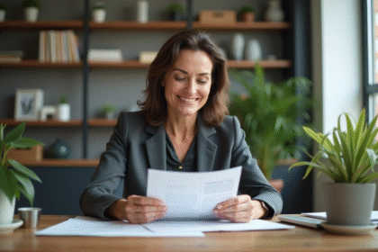 Femme d'affaires examine un document de garantie dans son bureau
