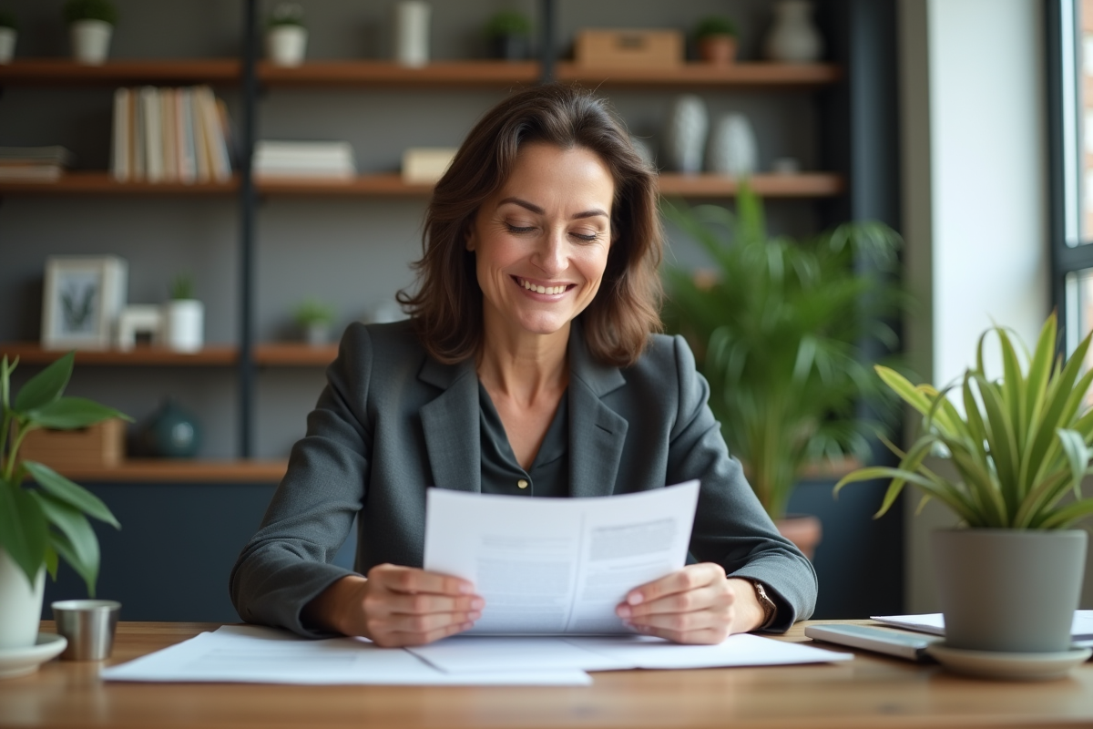 Femme d'affaires examine un document de garantie dans son bureau