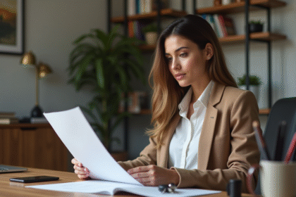 Jeune femme latine examine documents d'assurance voiture
