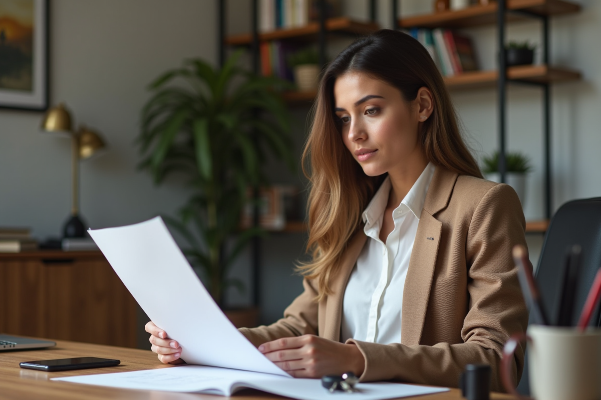 Jeune femme latine examine documents d'assurance voiture