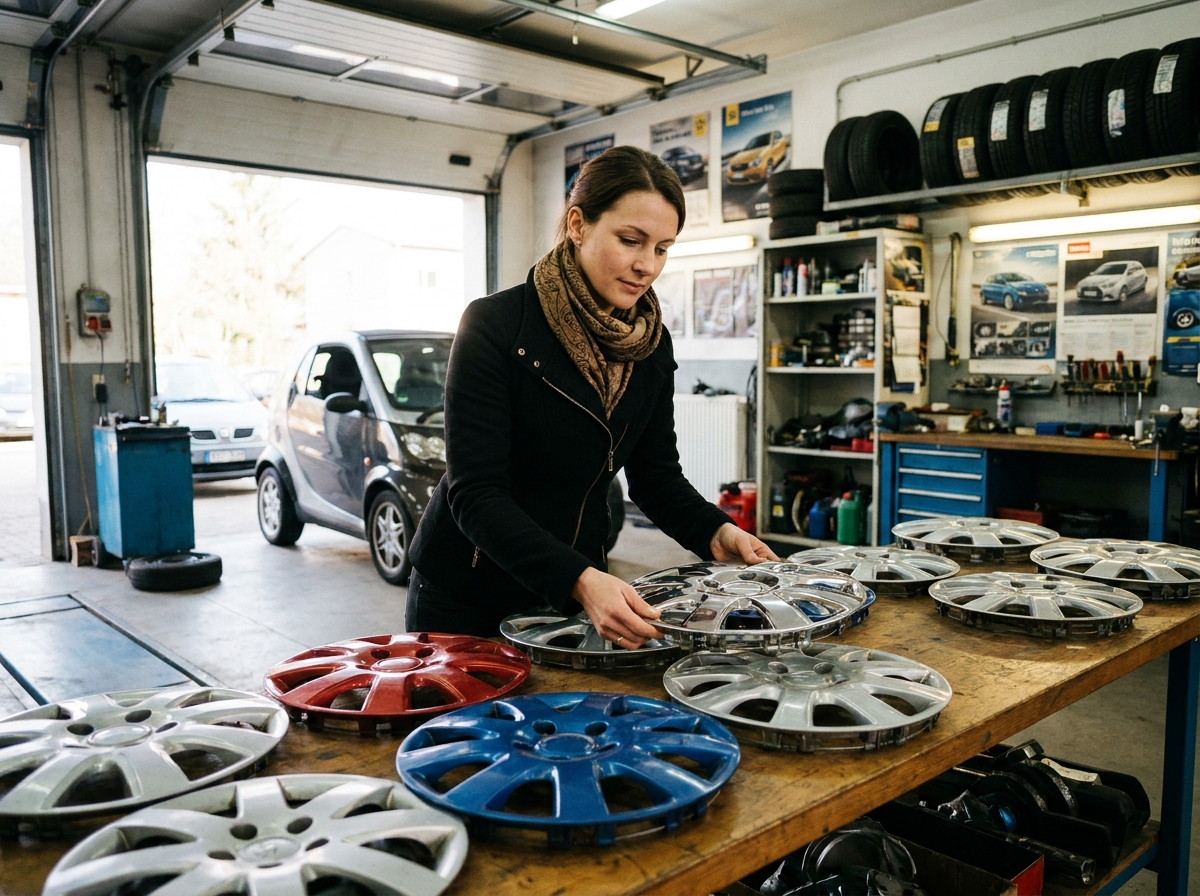 Femme inspectant des jantes colorées dans un atelier automobile lumineux
