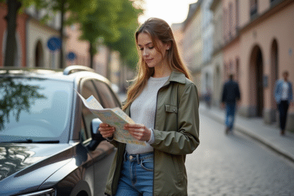 Femme en jeans vérifiant une carte à Colmar