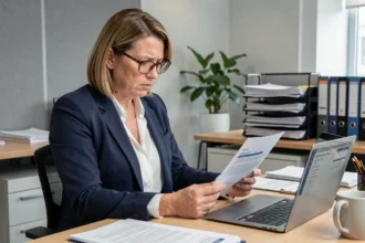 Femme professionnelle examinant des documents de sinistre dans un bureau d'assurance moderne