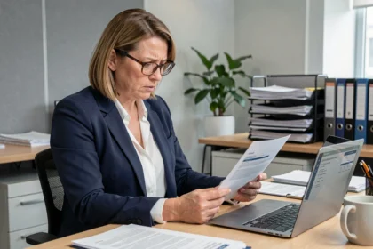 Femme professionnelle examinant des documents de sinistre dans un bureau d'assurance moderne