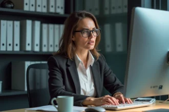 Femme en bureau avec expression de frustration lors de travail