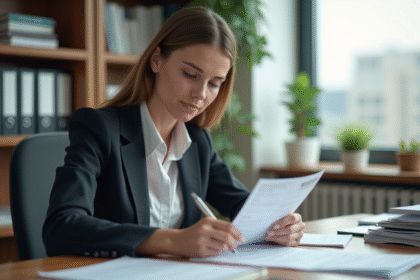 Femme au bureau remplissant des formulaires de remboursement