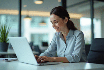 Femme d'affaires confiante utilisant une plateforme digitale