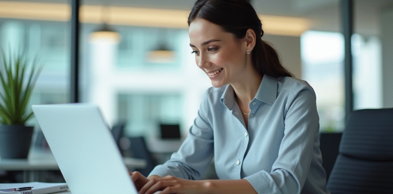 Femme d'affaires confiante utilisant une plateforme digitale