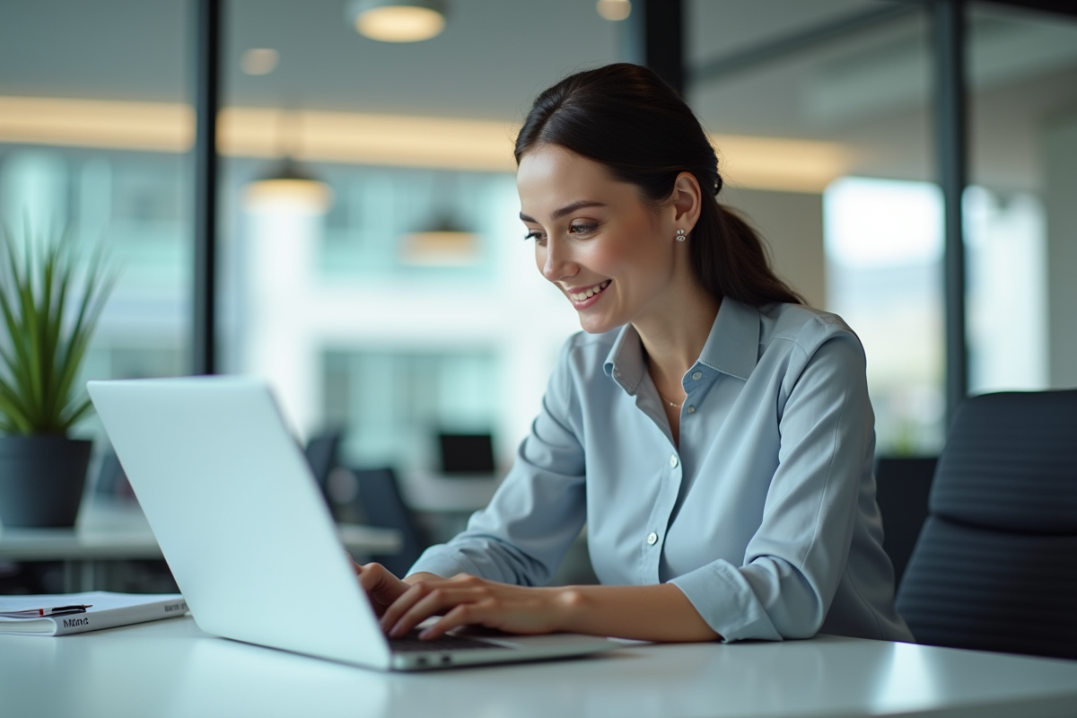 Femme d'affaires confiante utilisant une plateforme digitale