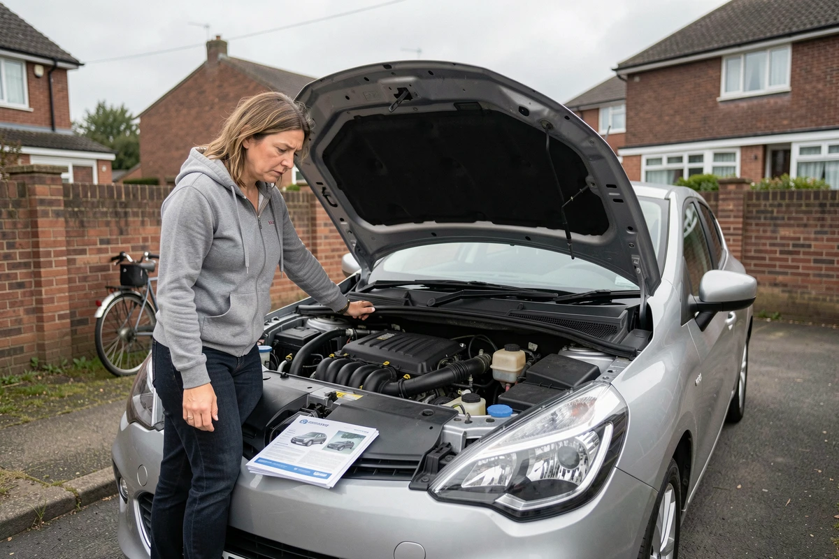 Femme inspectant le compartiment moteur d'une Renault après un changement de batterie provoquant le code 1525F3