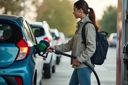 Femme faisant le plein d'une voiture compacte en station service