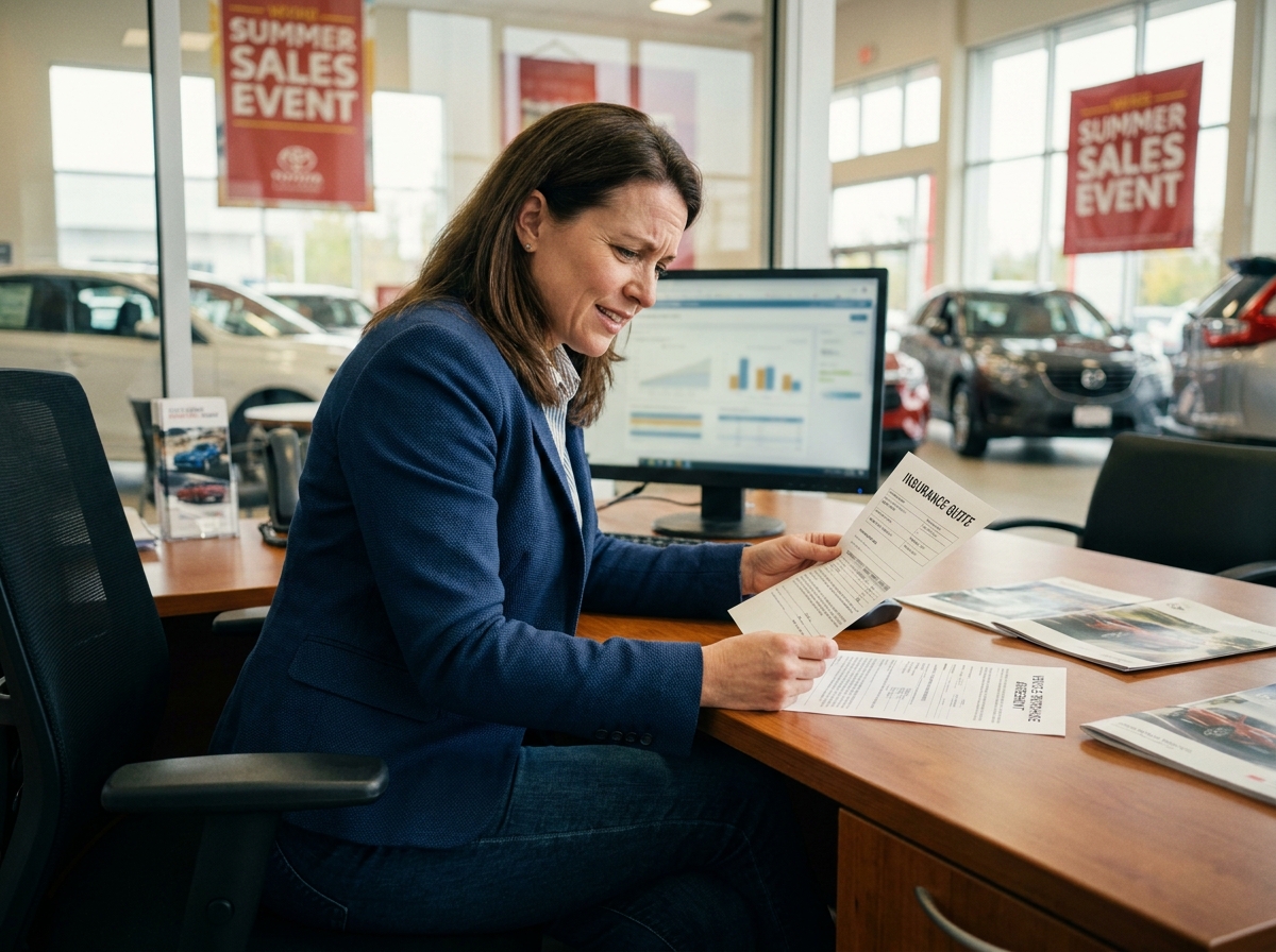 Femme comparant un devis d'assurance auto et un contrat de vente dans un bureau de concessionnaire automobile