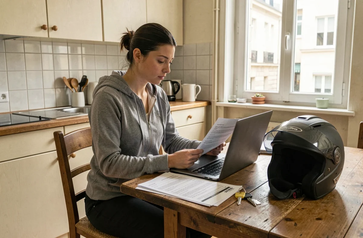 Jeune femme comparant des devis d'assurance pour un scooter Derbi 50cc depuis son appartement, casque de moto posé sur la table