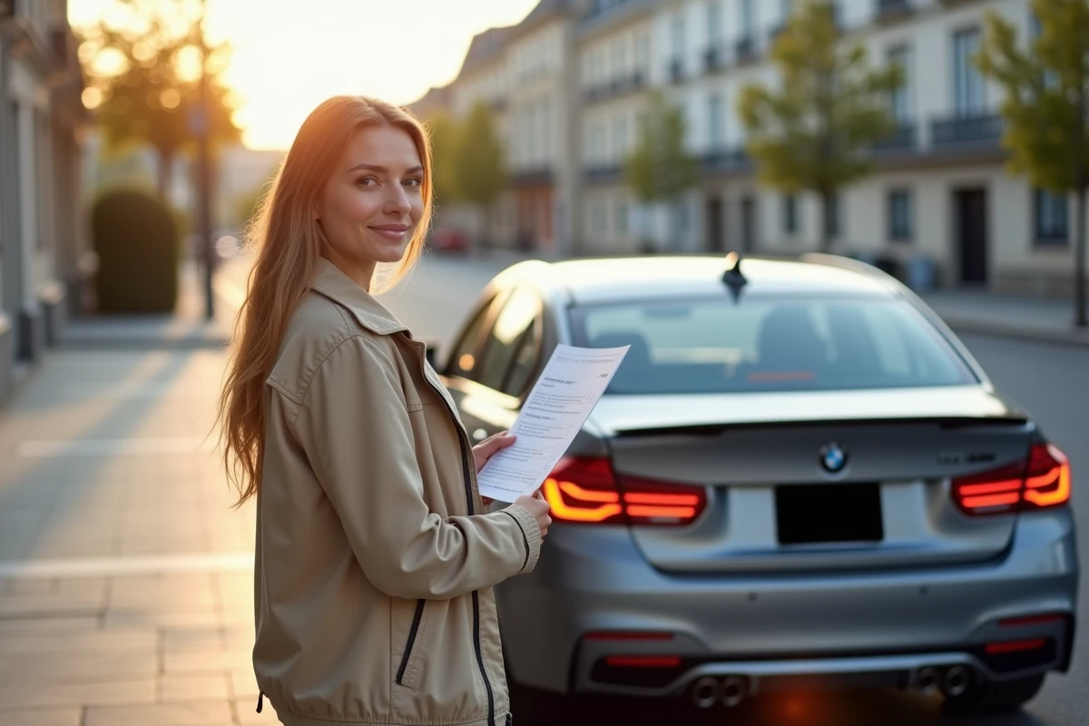 Femme tenant des documents de conformité devant une voiture avec plaque noire homologuée dans un parking urbain français
