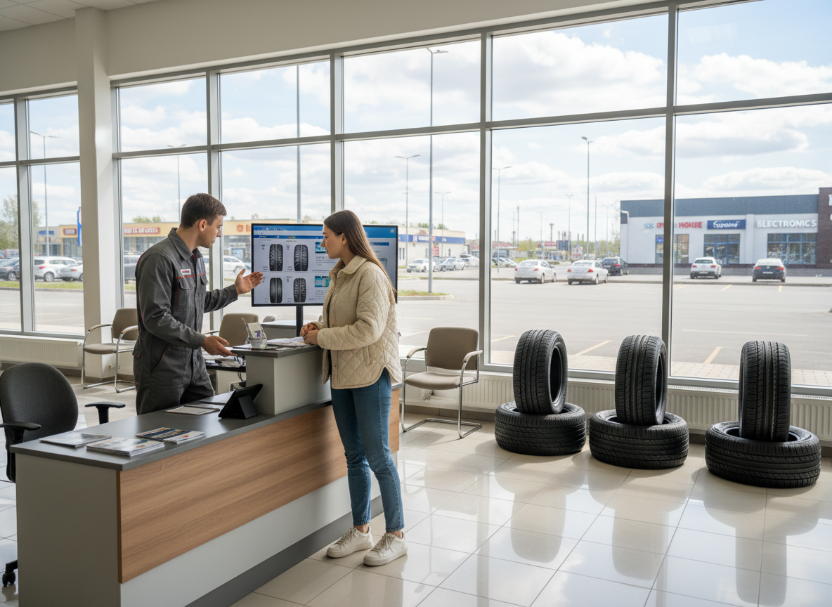 Jeune femme observe un technicien dans un centre auto lumineux