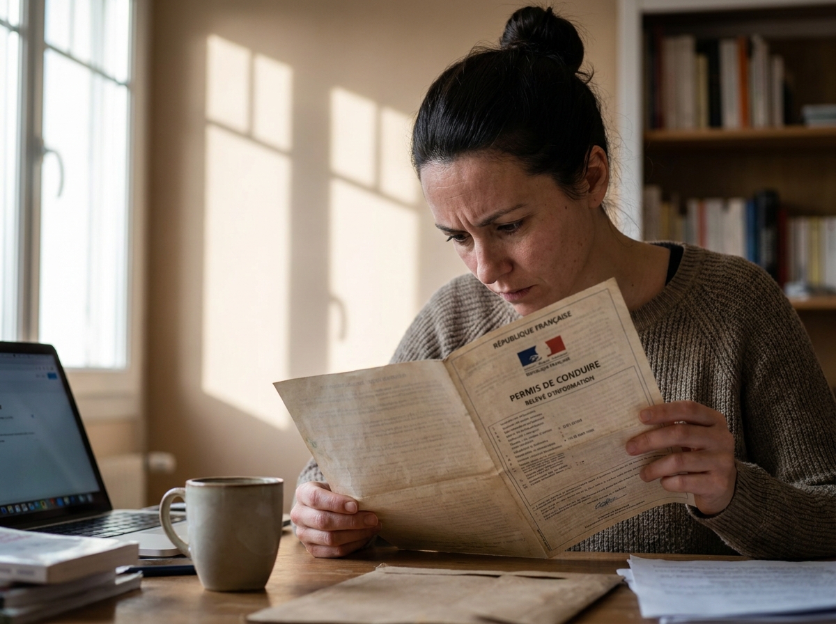 Femme consultant son relevé de points de permis de conduire à son bureau à domicile pour vérifier si elle peut faire un stage de récupération