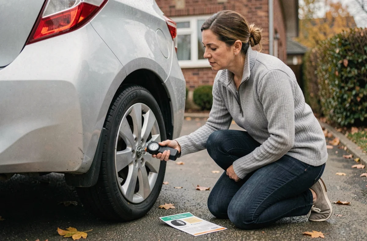 Femme vérifiant elle-même la pression des pneus de sa Toyota Yaris dans une allée résidentielle en automne avec un manomètre portable