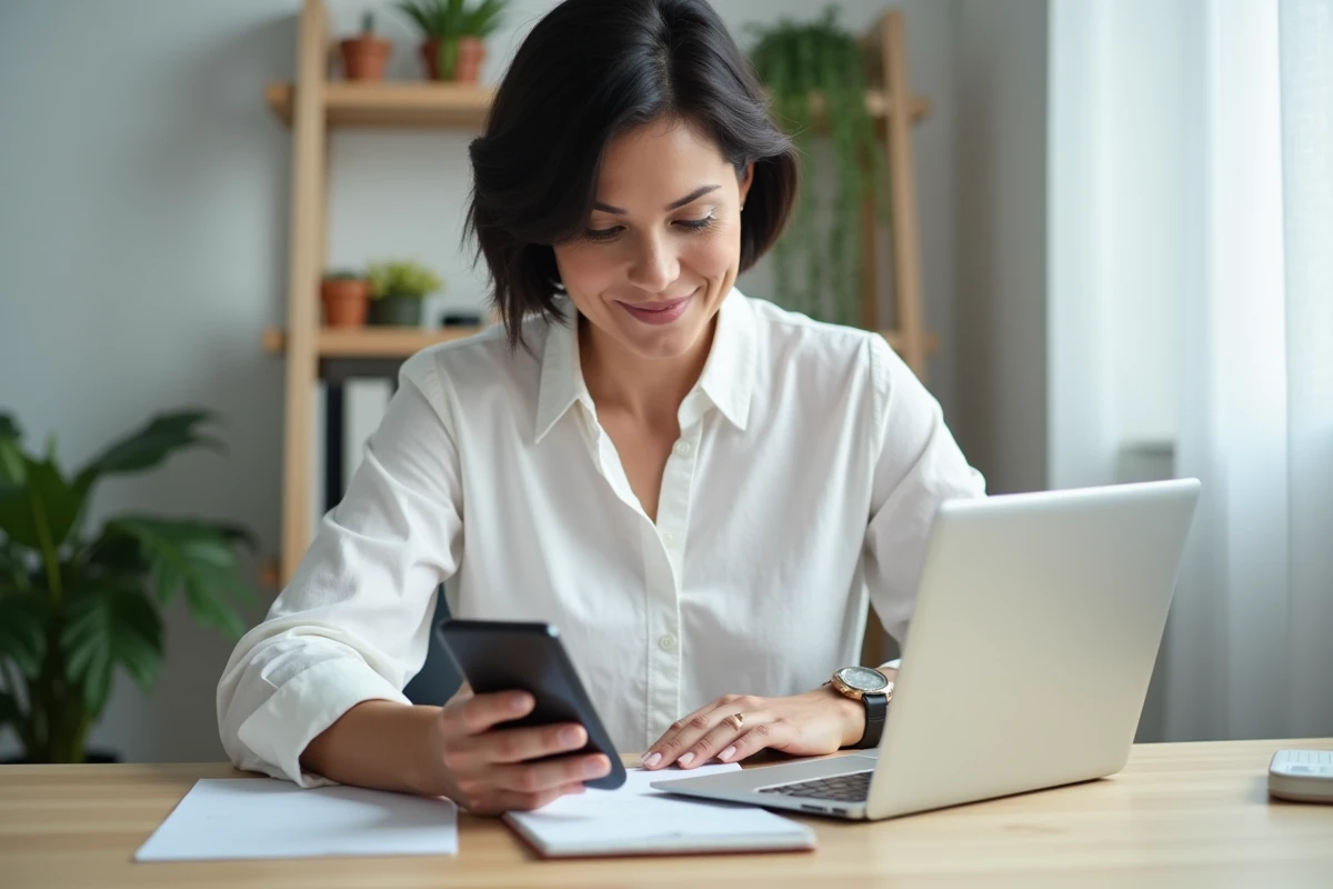 Femme comparant une conversion de vitesse miles en kilomètres par heure sur smartphone Android à son bureau à domicile