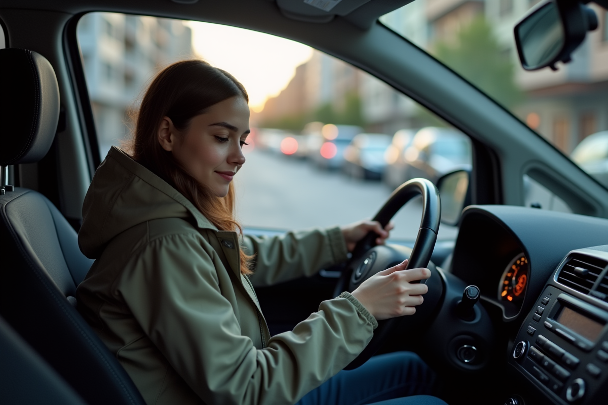 Jeune femme vérifiant le niveau de carburant dans une voiture en ville