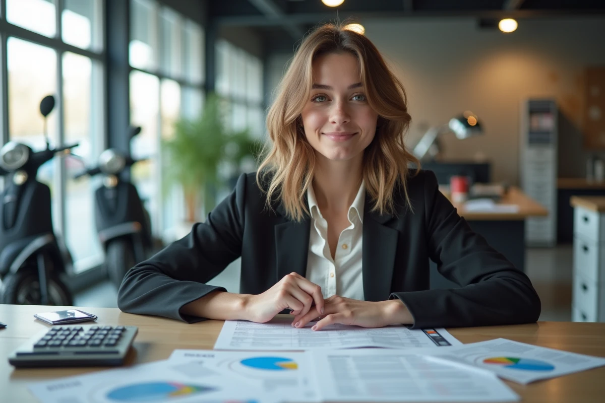 Jeune femme évaluant des annonces de scooters au bureau