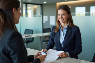 Femme d'âge moyen en costume navy lors d'une démarche administrative