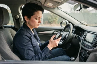 Femme au volant inspectant un détecteur de traceur GPS dans l'habitacle de sa voiture
