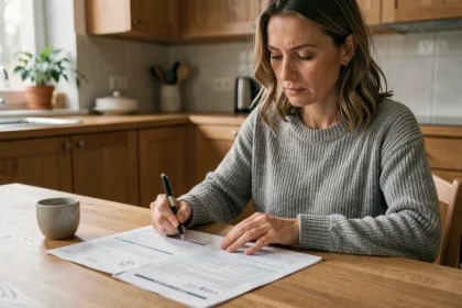 Femme consultant des documents d'assurance auto à sa table de cuisine pour changer de contrat en cours d'année