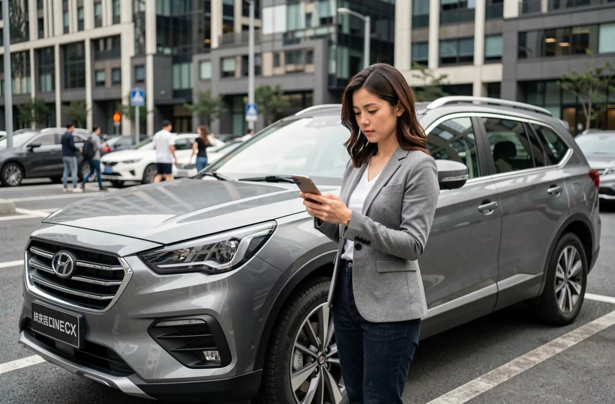 Femme consultant son smartphone pour évaluer la fiabilité d'un SUV de marque chinoise en milieu urbain